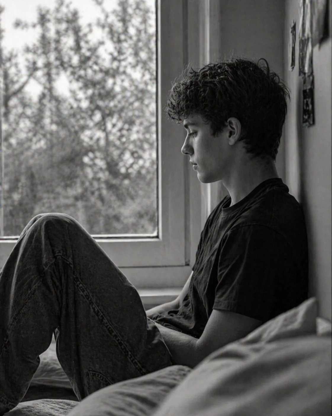 Adolescent près d'une fenêtre dans un moment d'introspection