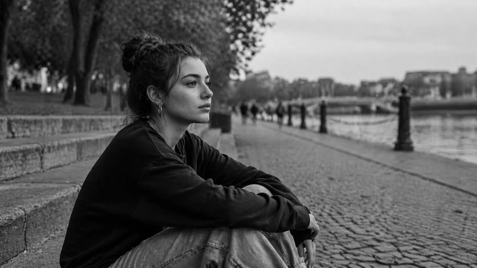 Jeune femme assise dehors, prête à remettre du mouvement